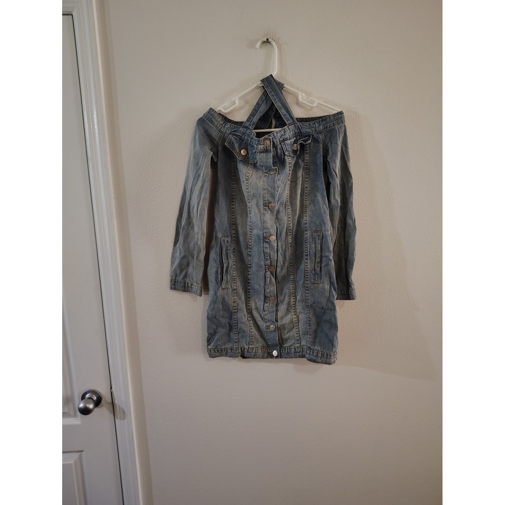 Lilyful Light Wash Denim Off The Shoulder Halter Button Down Mini Dress Large